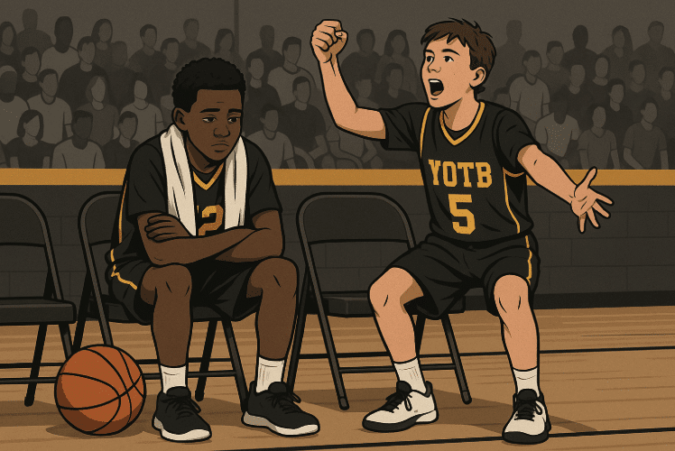 Youth basketball players on the bench—one cheering, one discouraged—showing the ups and downs of playing time.